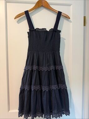 Katie J NYC Navy Tiered Smocked Sundress with Lace Trim Siz M